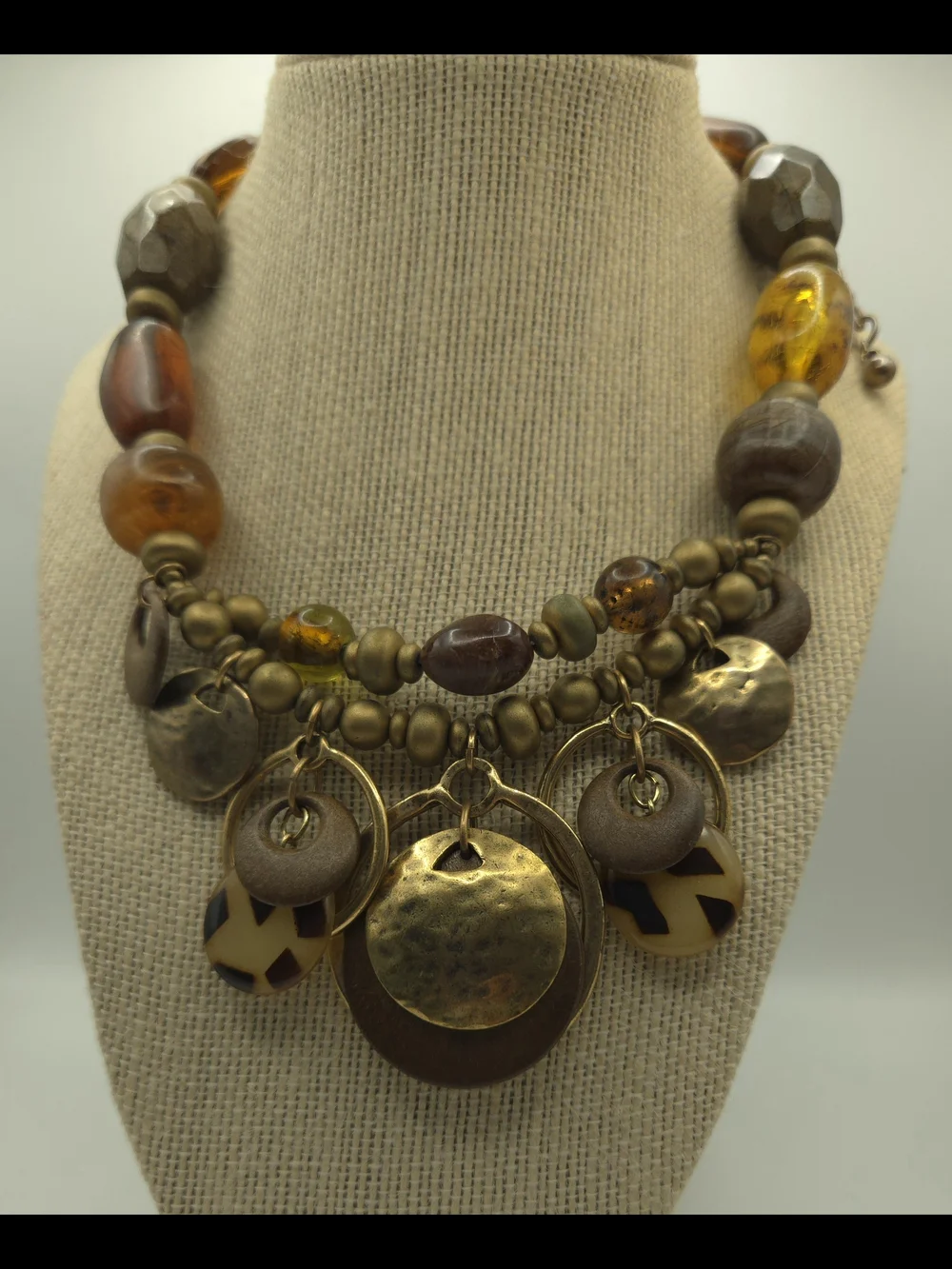 Chico's Multi-Media Bead Amber Brass Disc Brown Layered Necklace Rustic Boho Art